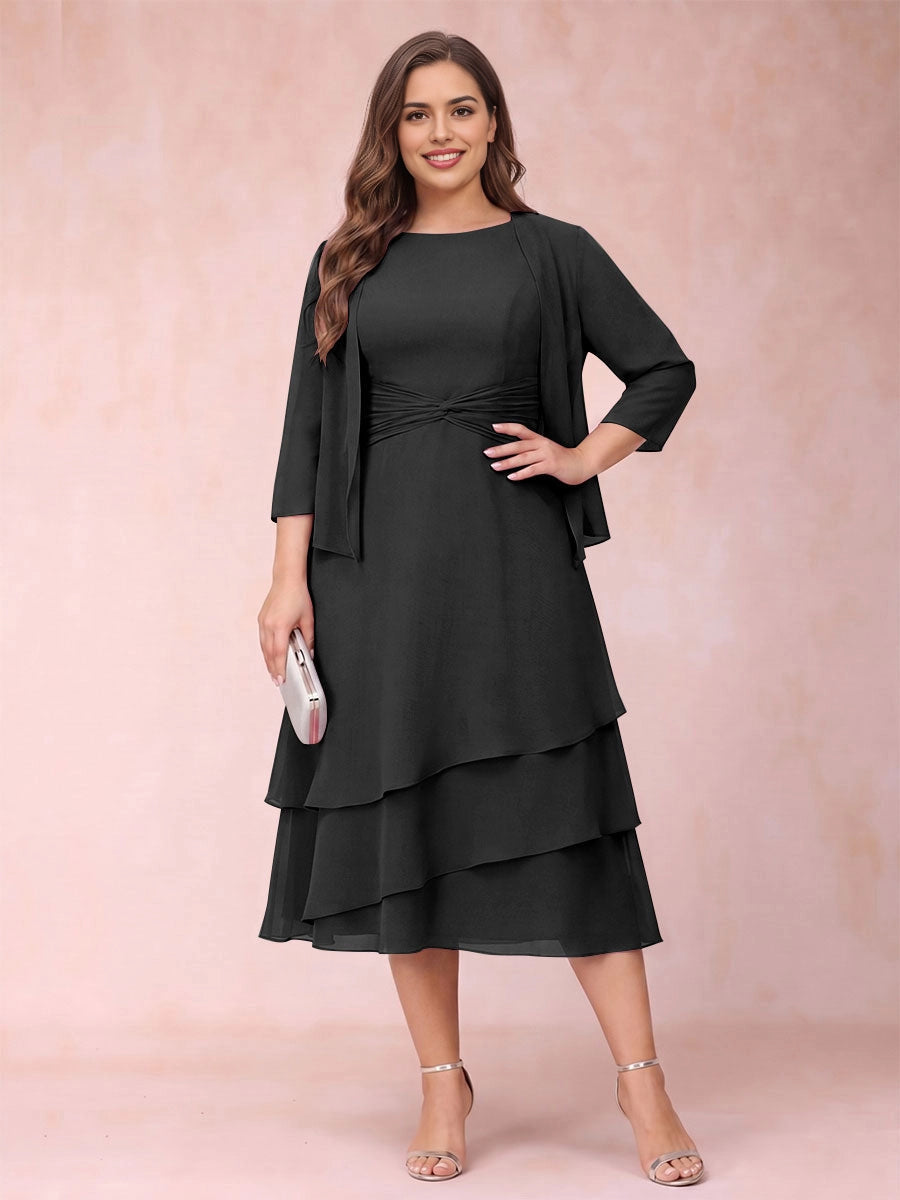 Modest A‑Line Round Neck Sleeveless 3/4 Sleeve Jacket Solid Back Tea‑Length Royal Blue Chiffon Plus Size Mother Of The Bride Dress