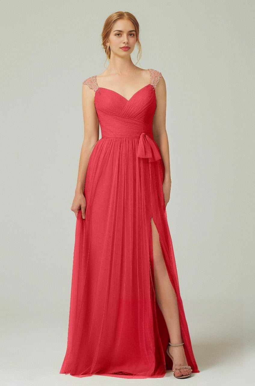 Plus Size Romantic A-Line Sweetheart Sleeveless Illusion Back Long Beaded Bridesmaid Dress