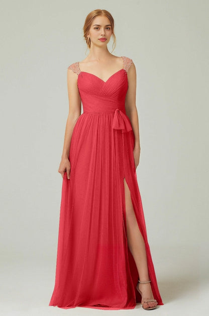 Plus Size Romantic A-Line Sweetheart Sleeveless Illusion Back Long Beaded Bridesmaid Dress