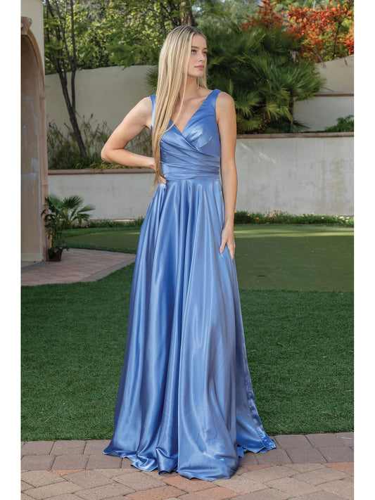 roselledress dusty blue glossy satin wide sleeveless wrap v neck waist ruched flowy a-line long bridesmaid gown backyard green lawn outdoor front full shot