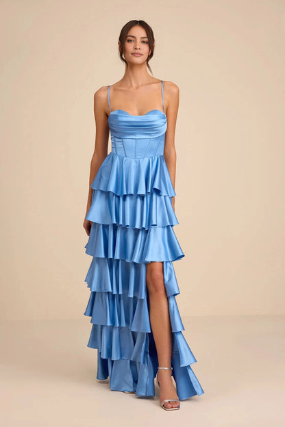 roselledress pastel light blue glossy satin ultra thin spaghetti cowl draped corset boned bodice tiered layered ruffle high low high thigh slit long prom gown neutral beige studio front full shot