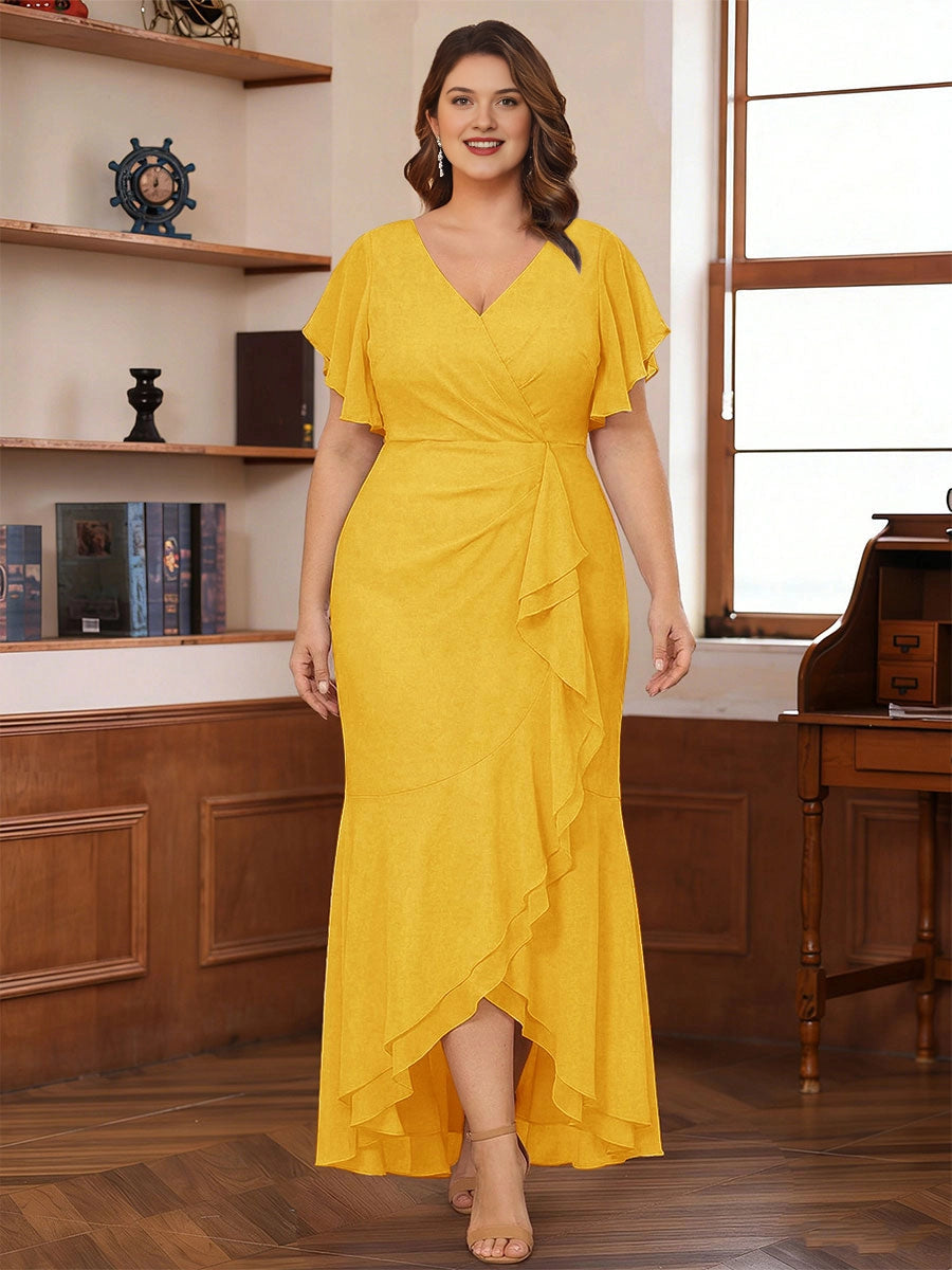 Elegant V-Neck Flutter-Sleeve Zipper-Back Plus Size Mother of the Bride Dress