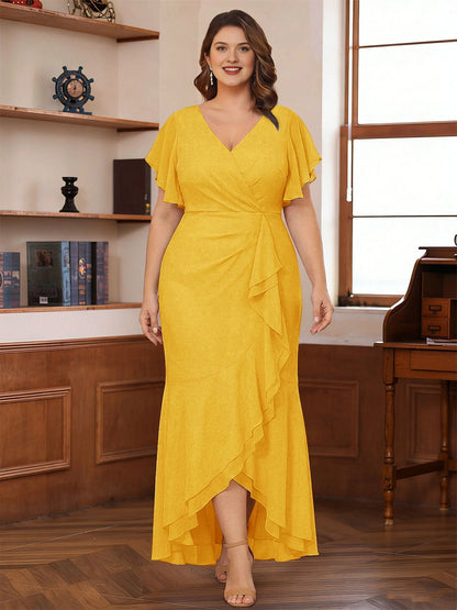 Elegant V-Neck Flutter-Sleeve Zipper-Back Plus Size Mother of the Bride Dress