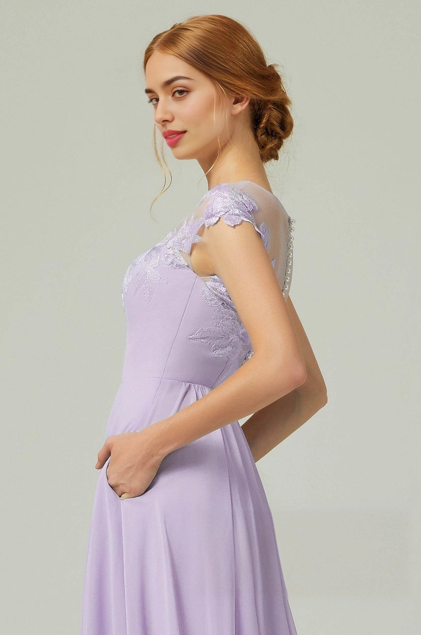Plus Size Romantic A-Line Illusion Neck Cap Sleeve Button Back Long Bridesmaid Dress