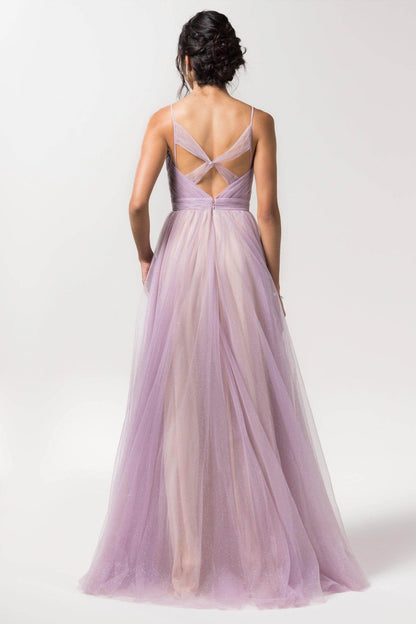 Lavender tulle bridesmaid dress with sheer twist-back bands, geometric back cutouts and a floor-length A-line skirt, back view.