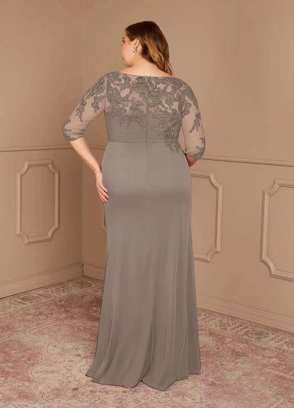 Back view of taupe illusion lace back long mother of the bride dress by roselledress