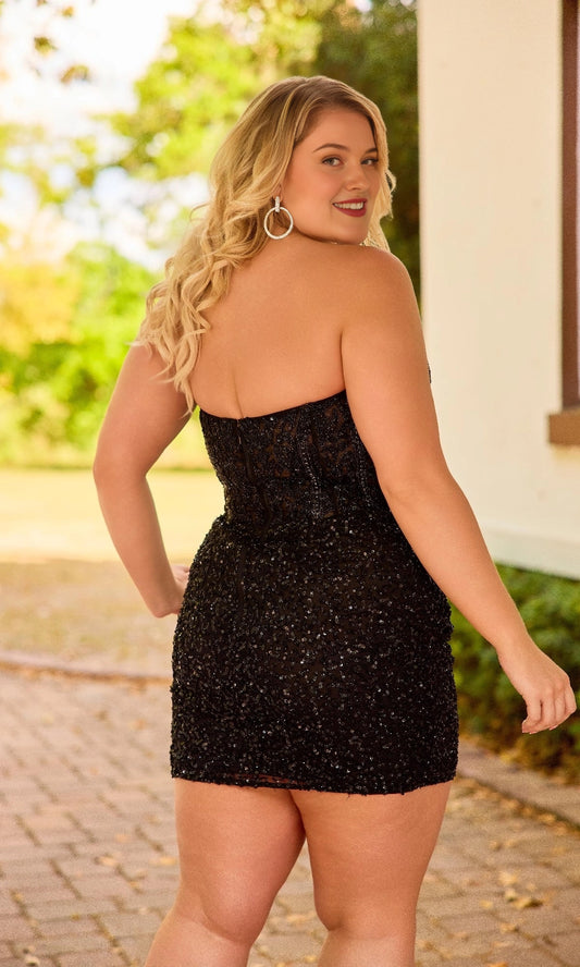 Black plus size sequined strapless corset zip back short homecoming dress back view by Roselle Dress