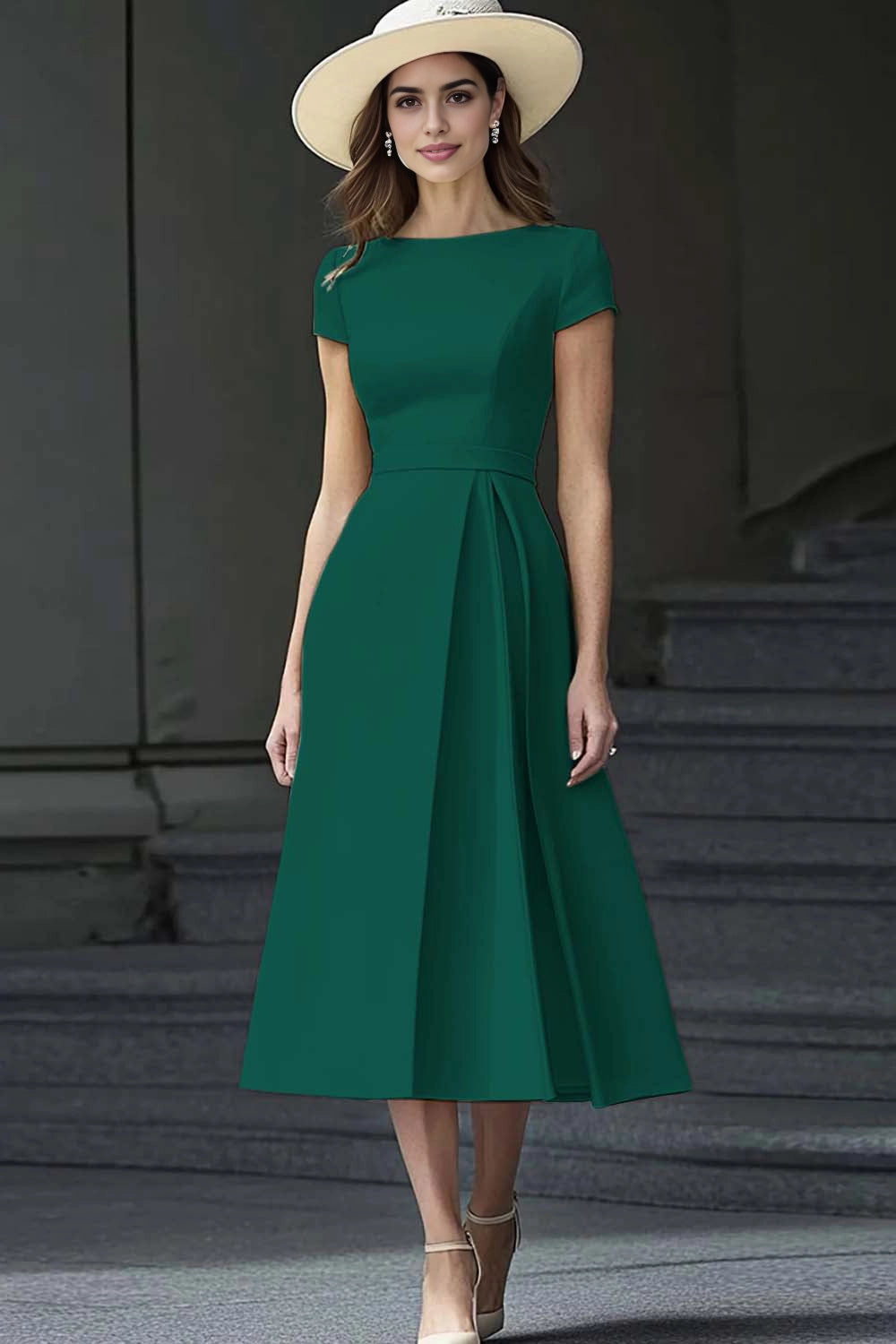 Elegant Plus-Size A-Line Round-Neck Short-Sleeve Closed-Back Mother of the Bride Dress