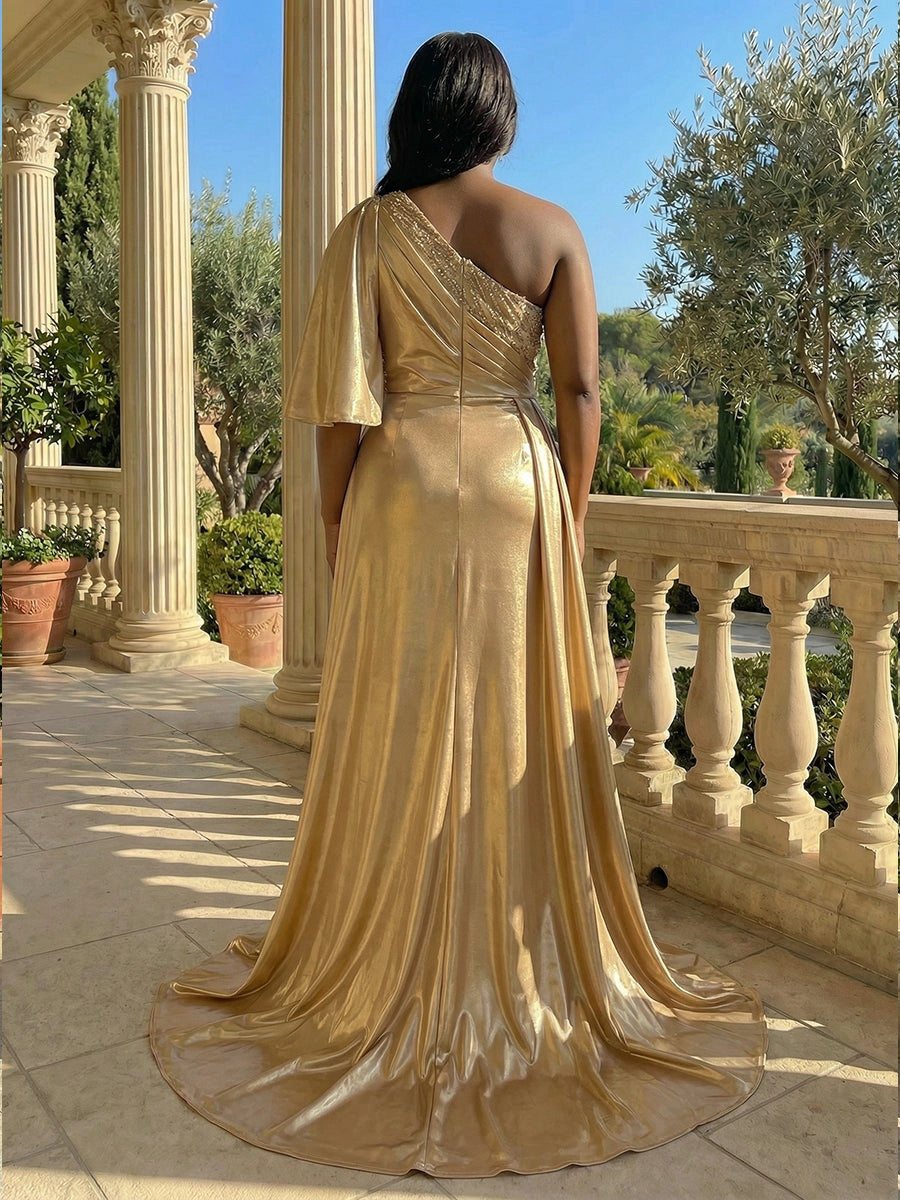 Plus size gold evening dress with one-shoulder neckline, center back zipper and long train
