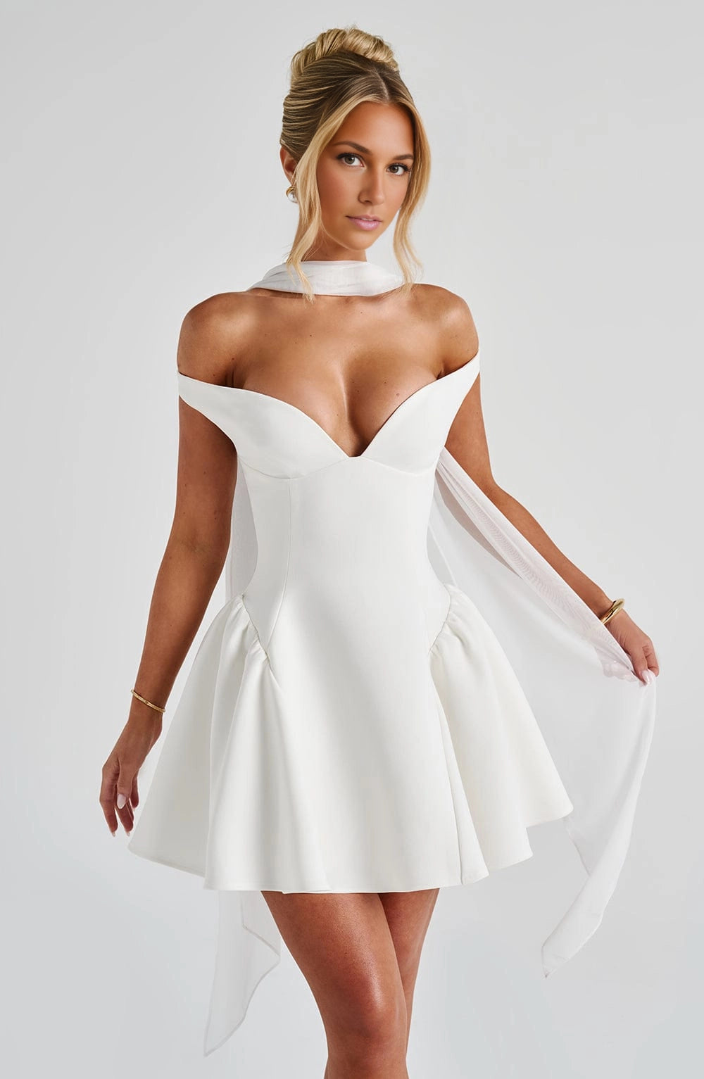 Flared Off Shoulder Deep V Open Back Mini Homecoming Dress
