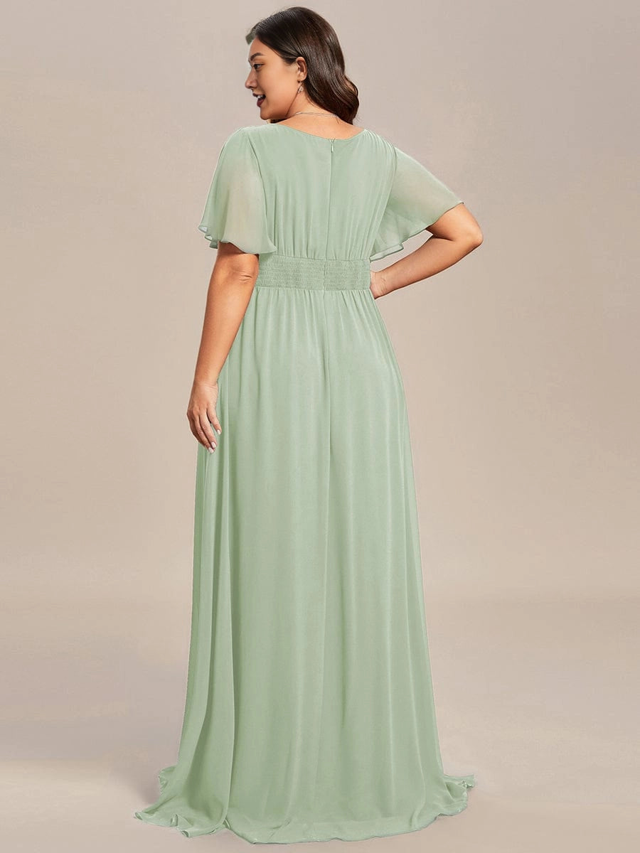 A-Line Round Neck Flutter Sleeve Back Zipper Floor Length Plus Size Floral Chiffon Wedding Guest Dress