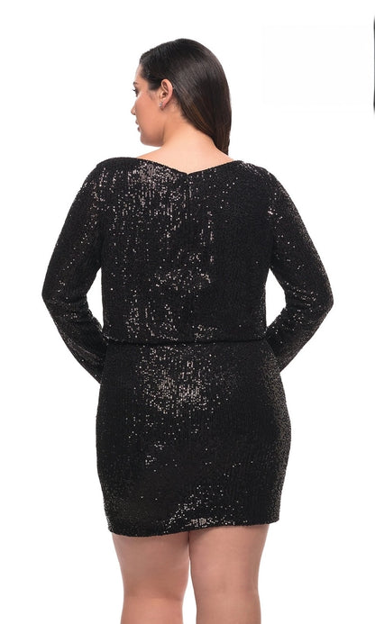 Sequin Bodycon V-Neck Long Sleeve Short Plus Size Homecoming Dress