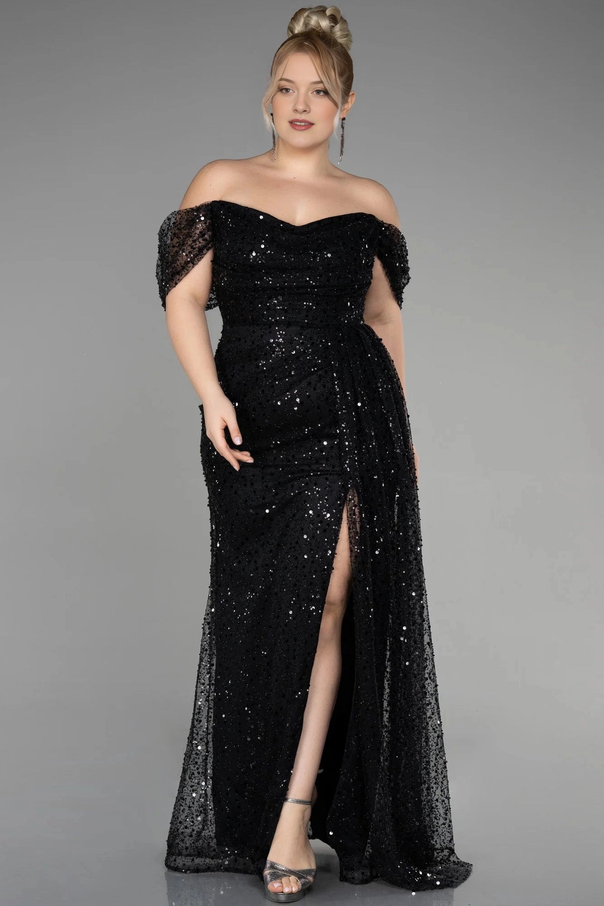 Glamorous Plus Size Sheath Off Shoulder Sequin Zipper Back Long Evening Dress