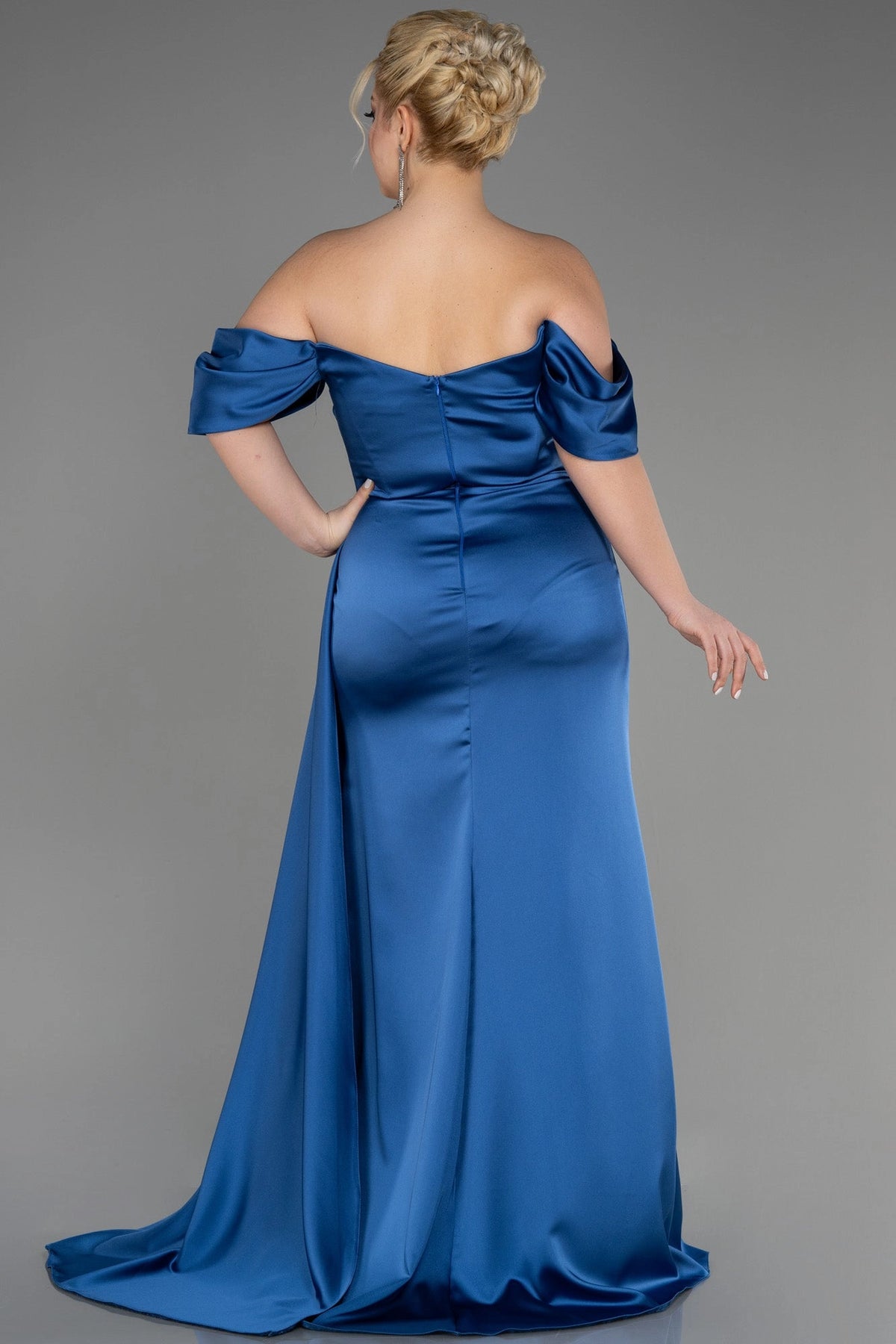 Royal blue satin long prom dress with off shoulder back, zipper closure and sweep train