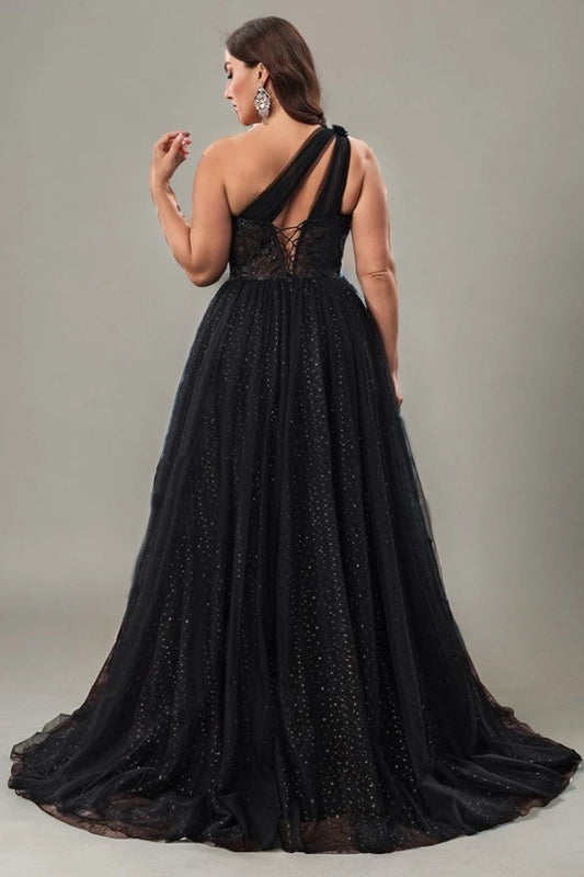back view black curvy evening gown lace up corset back sparkly tulle one shoulder party dress