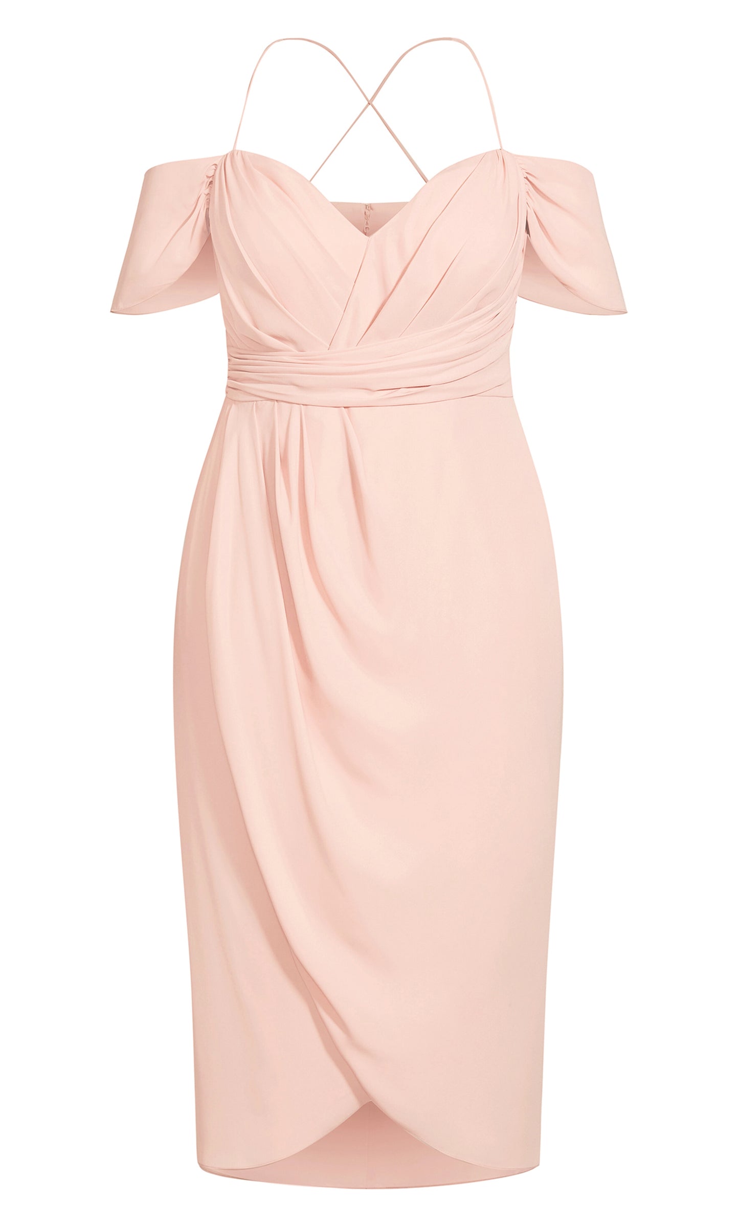 Dusty Rose Off‑The‑Shoulder Criss‑Cross Back Midi Plus Size Wedding Guest Dress