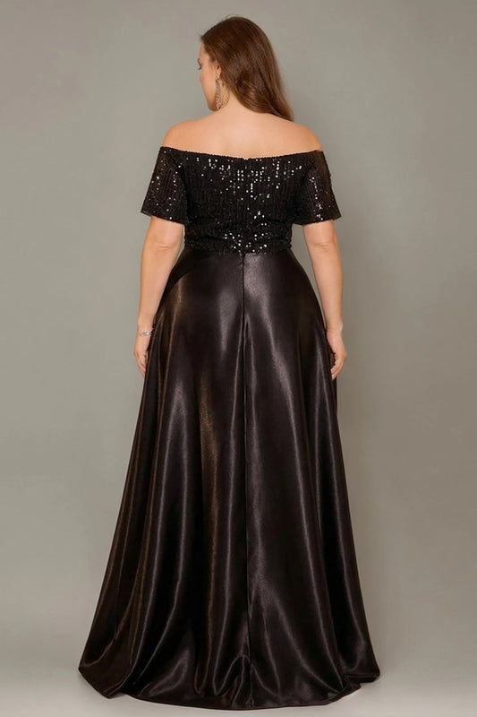 back view Roselledress curvy satin formal dress full sequin off shoulder zip back floor length party gown