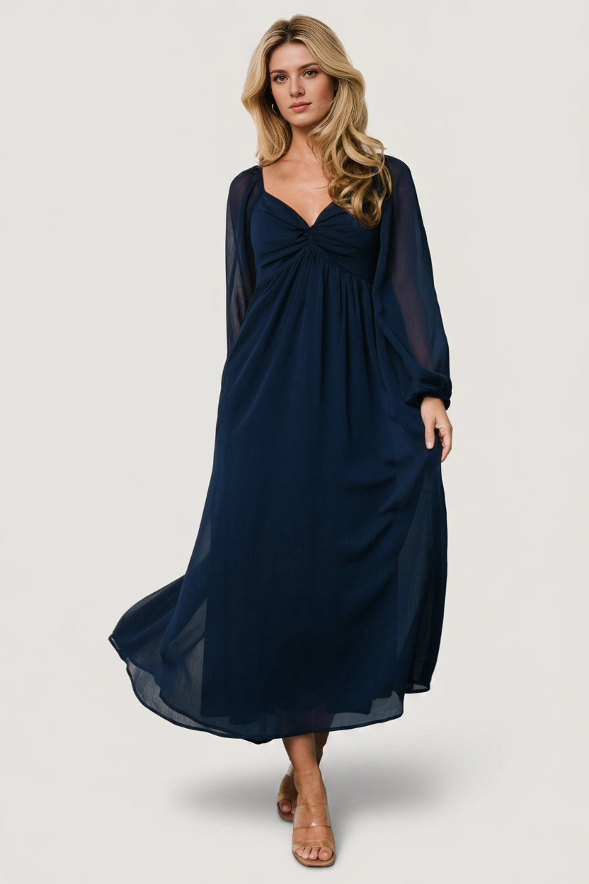 Flowy Midi V-Neck Twist Long Sleeve Smocked-Back Mother Of Bride Dress
