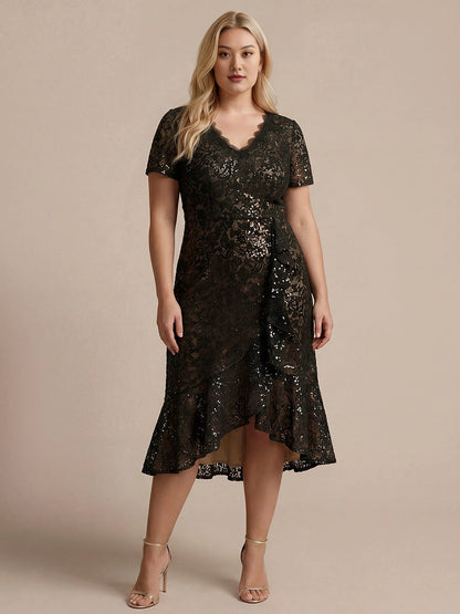 Flattering Wrap V-Neck Short Sleeve Zipper Back Hi-Lo Midi Plus Size Prom Dress 