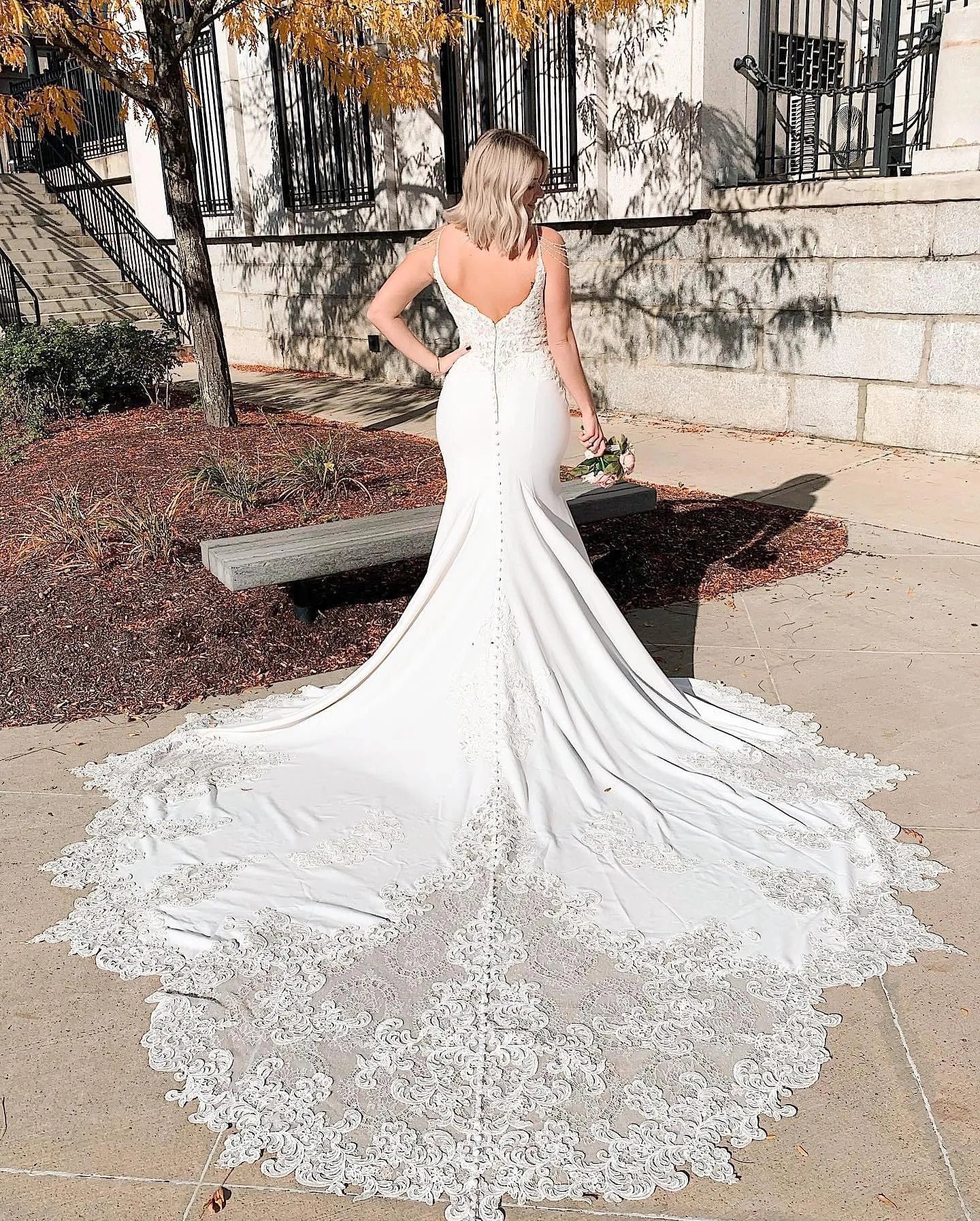 Back view Roselledress plus size bridal gown low v open back button zipper large lace train mermaid wedding dress
