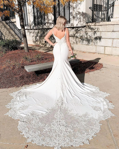Back view Roselledress plus size bridal gown low v open back button zipper large lace train mermaid wedding dress