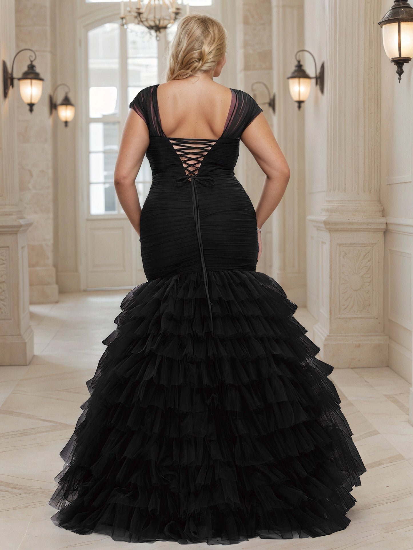Glamorous Mermaid V‑Neck Cap‑Sleeve Lace‑Up‑Back Floor‑Length Plus Size Wedding Guest Dress