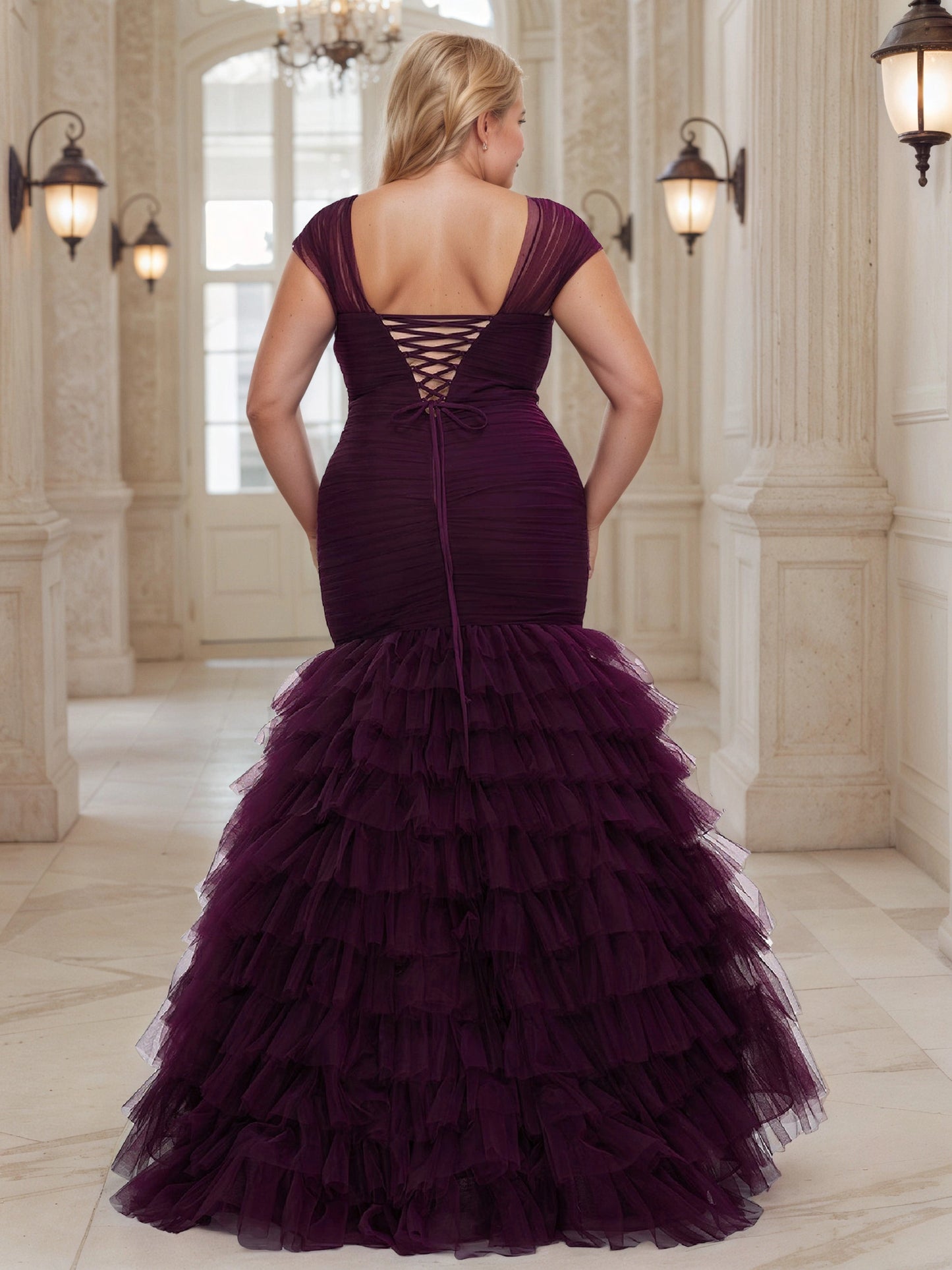RoselleDress plum purple plus size mermaid wedding guest gown sheer cap-sleeve lace-up corset back tiered ruffled tulle dress back view floor-length