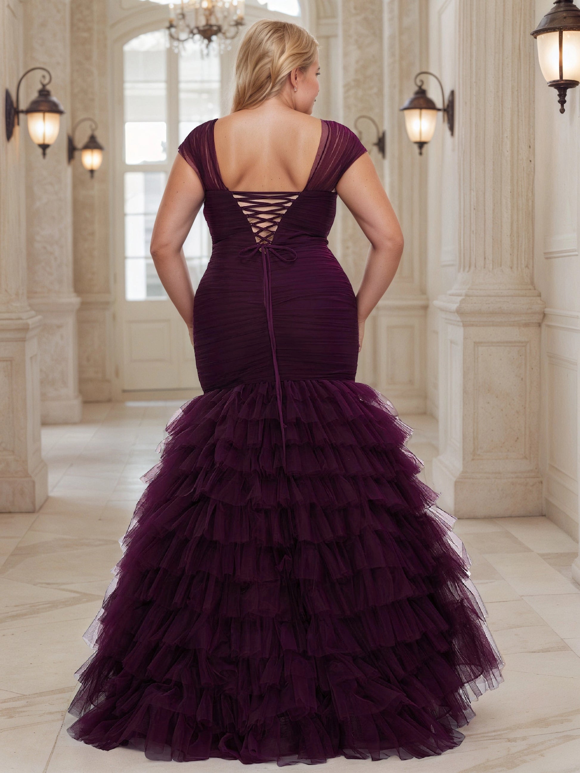RoselleDress plum purple plus size mermaid wedding guest gown sheer cap-sleeve lace-up corset back tiered ruffled tulle dress back view floor-length