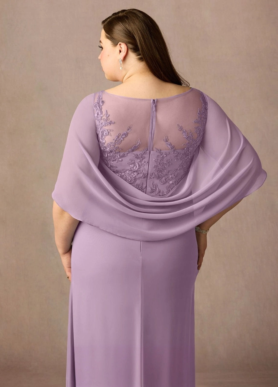 Lilac A-Line Illusion-Neck Cape Sleeve Zip-Back Long Mother of the Bride Dress