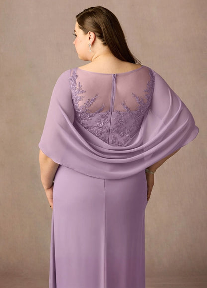 Lilac A-Line Illusion-Neck Cape Sleeve Zip-Back Long Mother of the Bride Dress