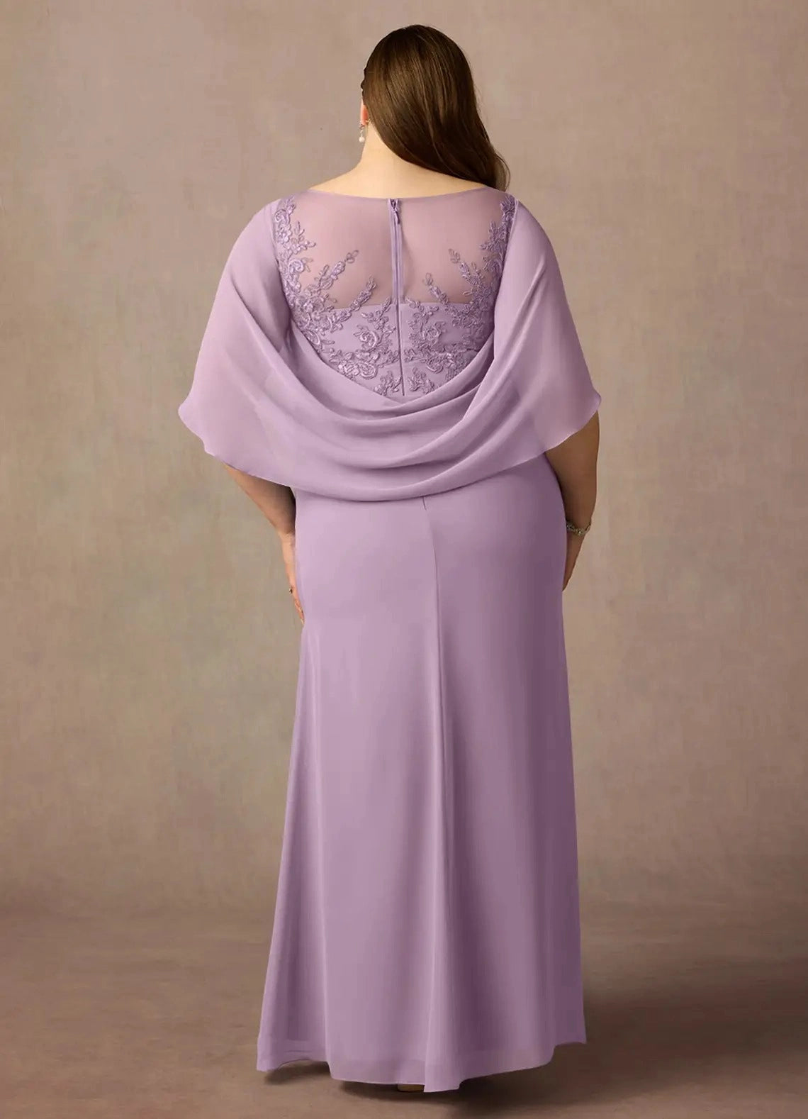 Back view of lilac illusion lace back cape sleeve mother of the bride dress by roselledress