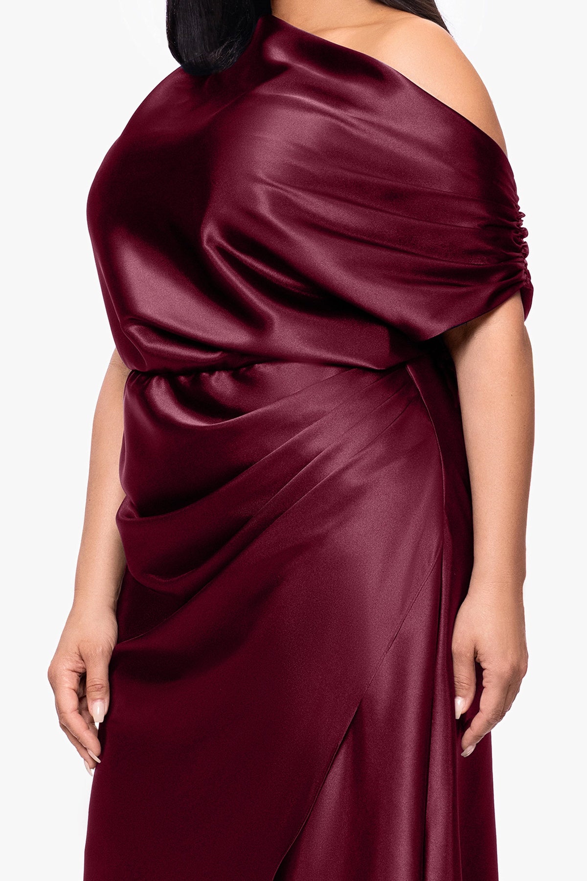 Elegant Sheath Asymmetric Neck Draped Sleeve Ruched Back Plus Size Wedding Guest Dress