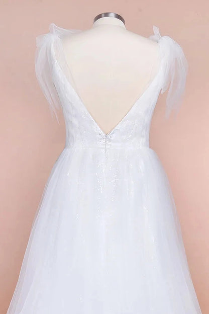 Roselledress v‑back plus‑size wedding dress sheer shimmer tulle hidden zipper back view