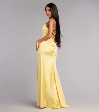 Slim Maxi Spaghetti Lace-Up Back Ruched Long Prom Dress