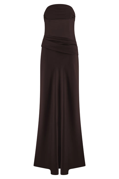 Roselledress Chocolate Brown Plus Size Strapless Draped Long Bridesmaid Dress