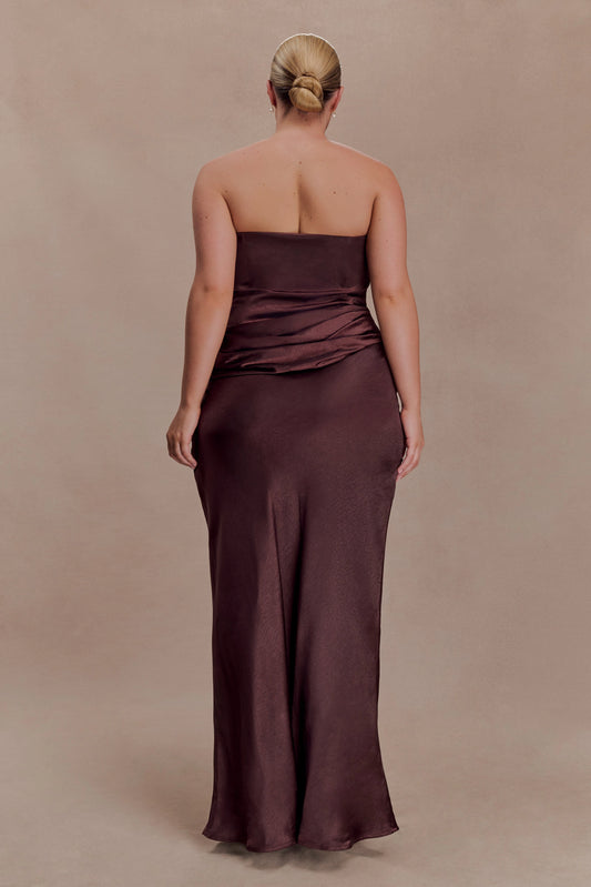 Chocolate brown plus size strapless wrapped back zipper long textured satin bridesmaid dress back view