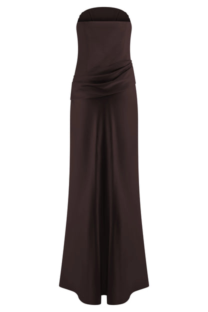 Roselledress Chocolate Brown Plus Size Strapless Draped Long Bridesmaid Dress