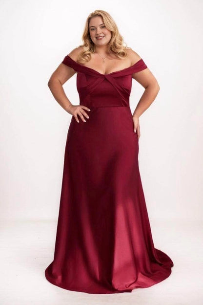 Roselledress burgundy plus size satin bridesmaid dress with an off-shoulder neckline, crossover bodice folds and a floor-length A-line skirt.