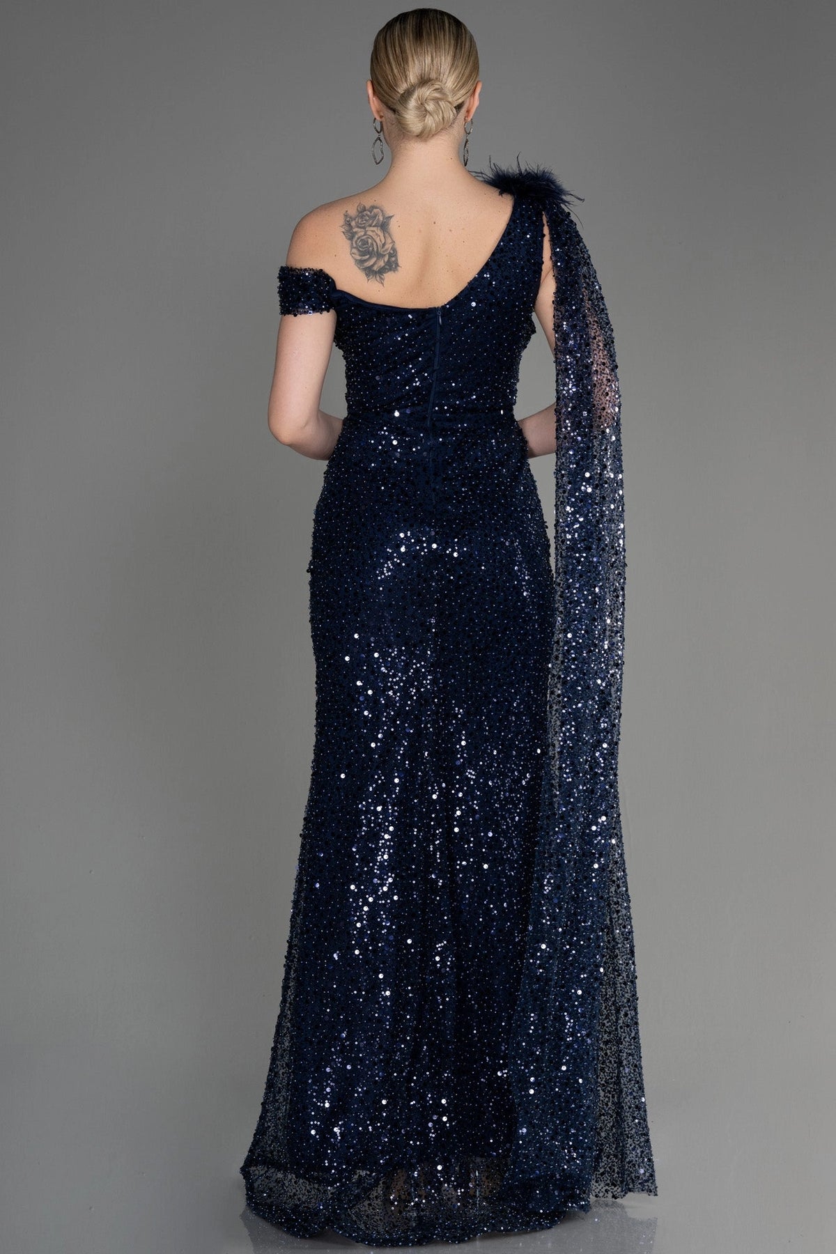 Glamorous Plus Size Mermaid Asymmetric Sequin Sleeve Zipper Back Long Evening Dress