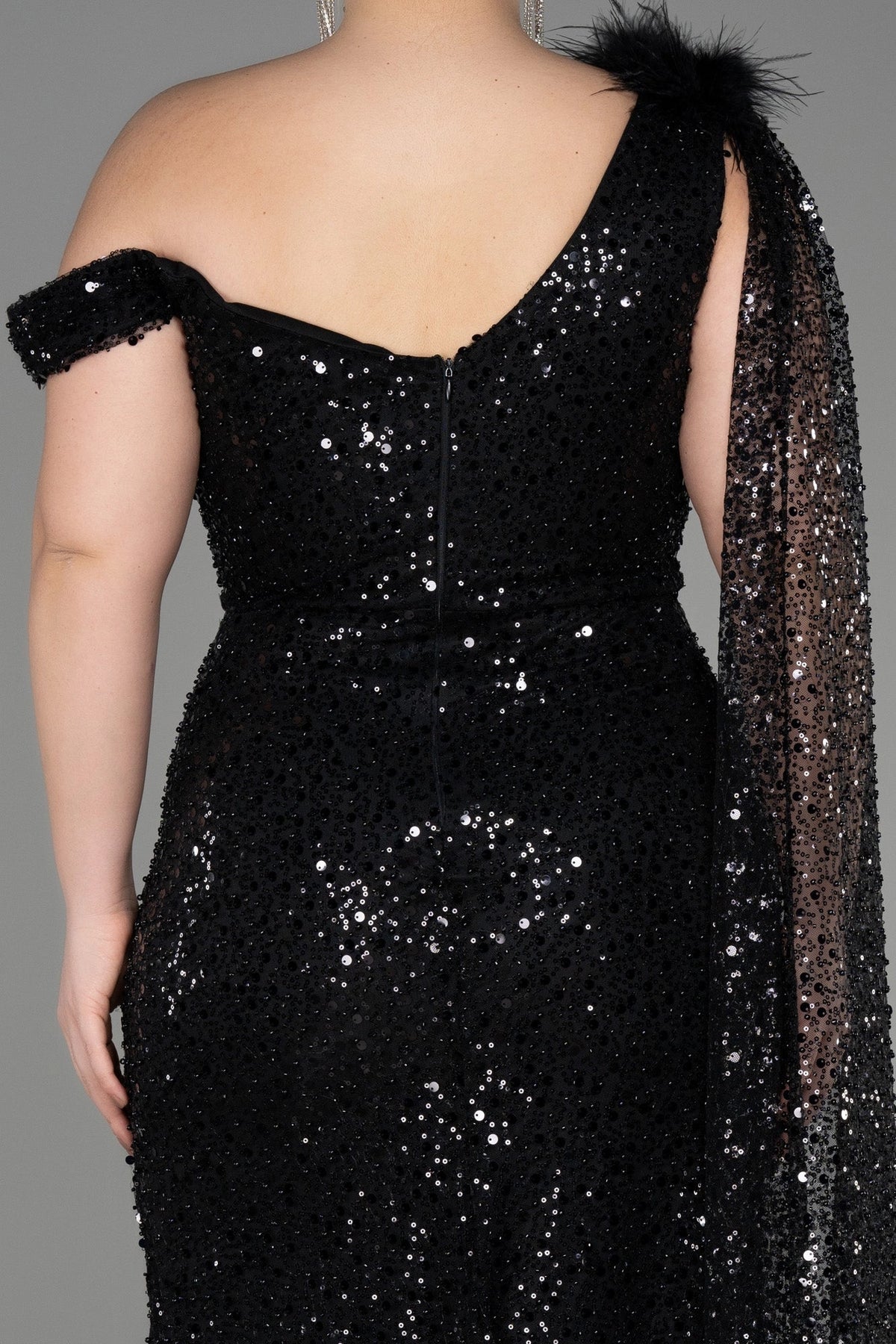 Glamorous Plus Size Mermaid Asymmetric Sequin Sleeve Zipper Back Long Evening Dress