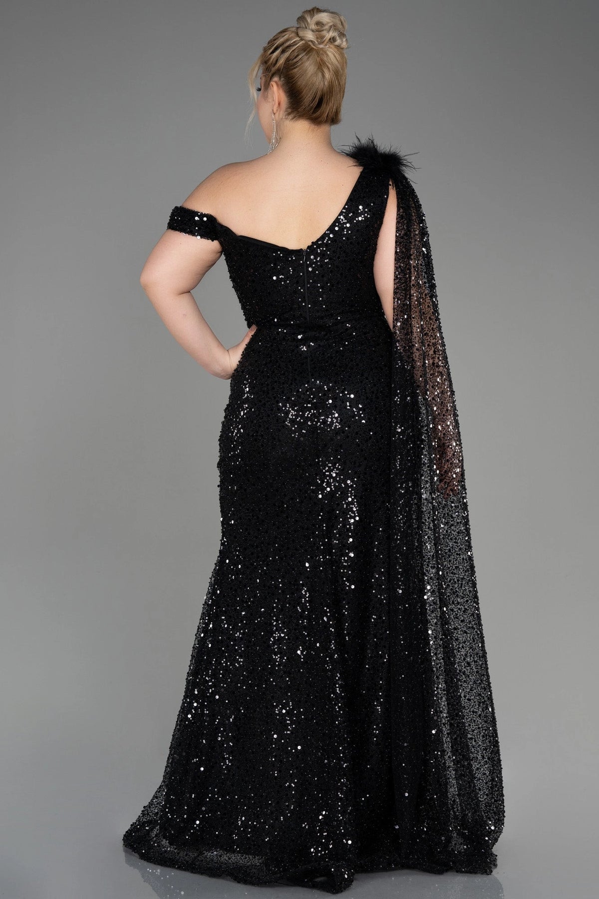 Glamorous Plus Size Mermaid Asymmetric Sequin Sleeve Zipper Back Long Evening Dress