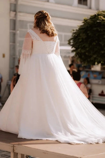 Back view Roselledress plus‑size a‑line bridal gown lace‑up corset back chiffon long train mid sleeve wedding dress