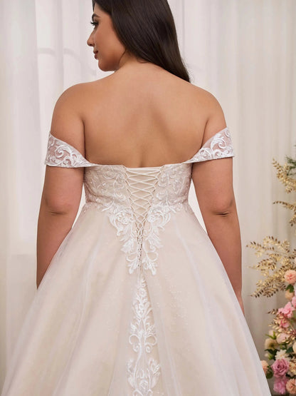 Gorgeous A‑Line Sweetheart Off‑Shoulder Lace‑Up‑Back Train Plus Size Wedding Dress