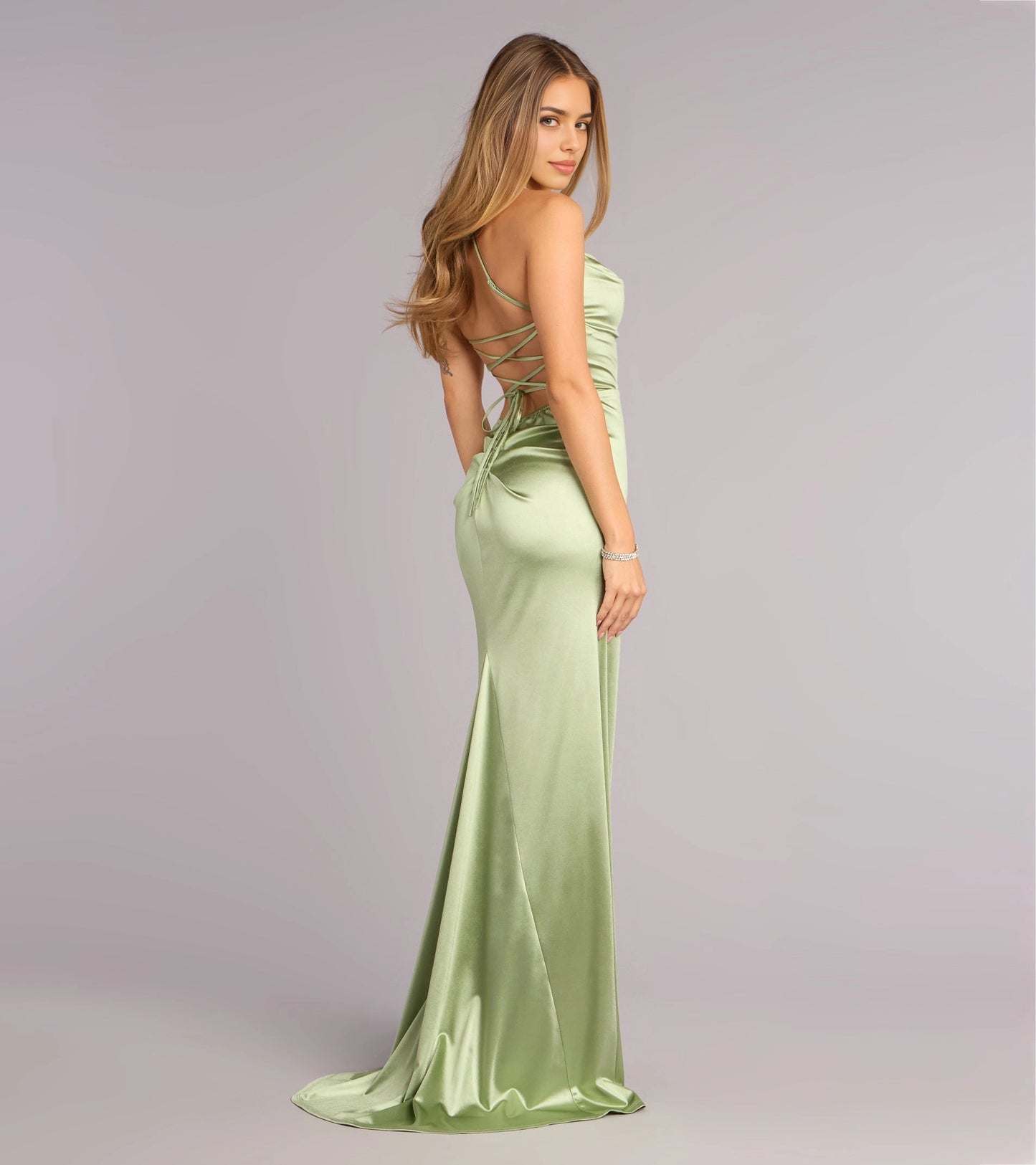 Slim Maxi Spaghetti Lace-Up Back Ruched Long Prom Dress