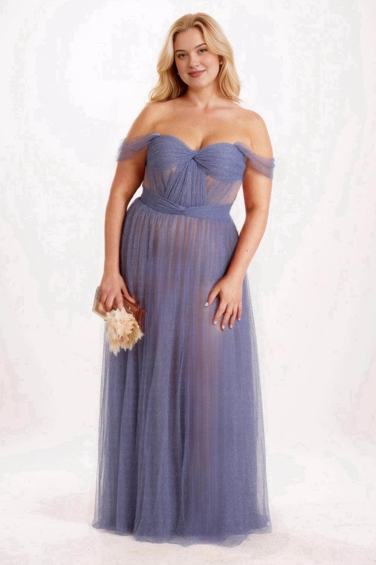 Roselledress periwinkle plus size bridesmaid dress with an off shoulder sweetheart neckline, sheer ruched bodice and shimmer A-line skirt.