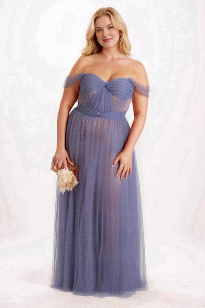 Roselledress periwinkle plus size bridesmaid dress with an off shoulder sweetheart neckline, sheer ruched bodice and shimmer A-line skirt.