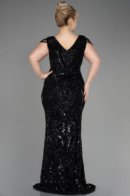 Back view of a roselledress plus size black sequin V neck evening dress with zipper back