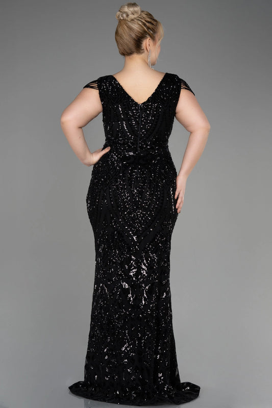 Back view of a roselledress plus size black sequin V neck evening dress with zipper back