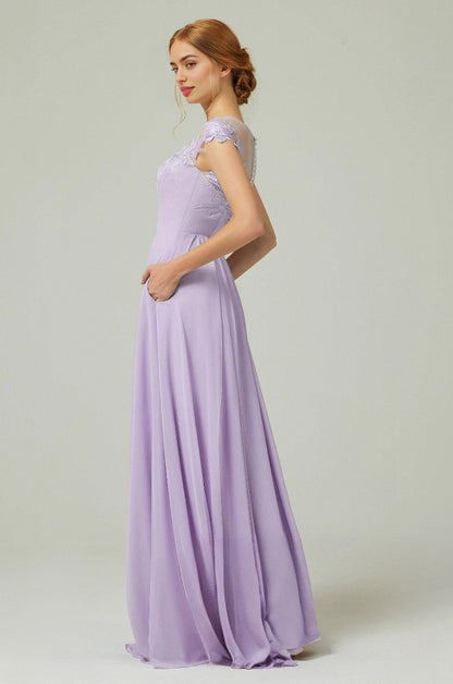 Plus Size Romantic A-Line Illusion Neck Cap Sleeve Button Back Long Bridesmaid Dress