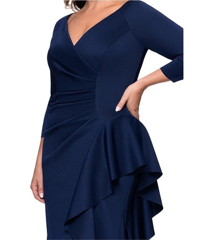 Elegant Plus Size Sheath V-Neck Three-Quarter-Sleeve Zipper-Back Floor-Length Mother of Bride Dress